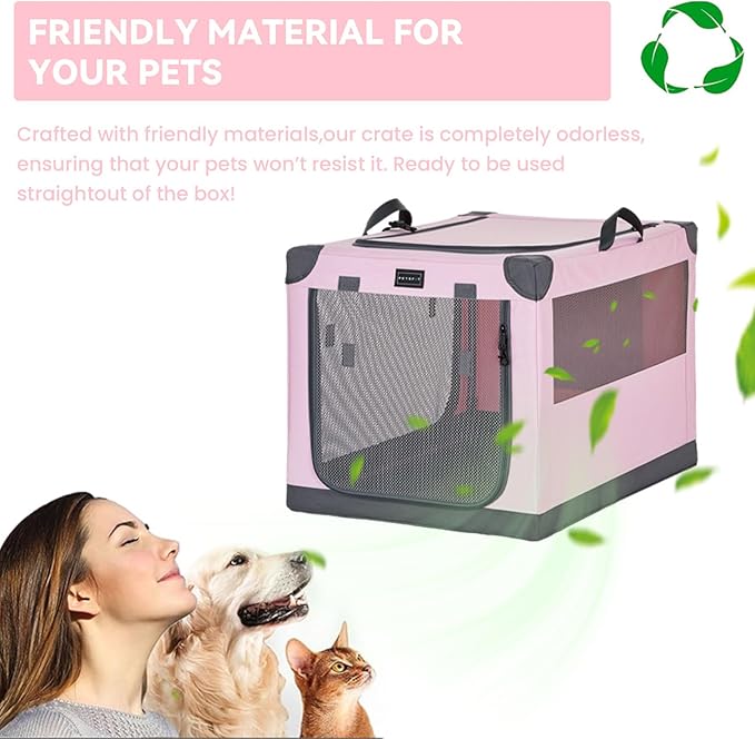 PETSFIT Collapsible Dog Crate, with Patented Adjustable Fabric Cover, Chewproof & Lockable Mesh Doors, Waterproof Base Portable Kennel Pink 36 Inch