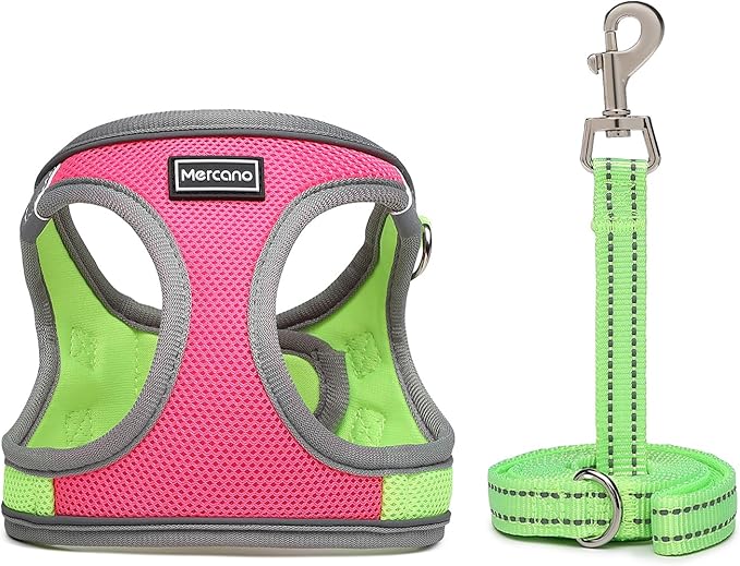 Mercano Soft Mesh Dog Harness and Leash Set, No-Chock Step-in Reflective Breathable Lightweight Easy Walk Escape Proof Vest Harnesses with Safety Buckle for Small Medium Dogs, Cats (S, Hot Pink)