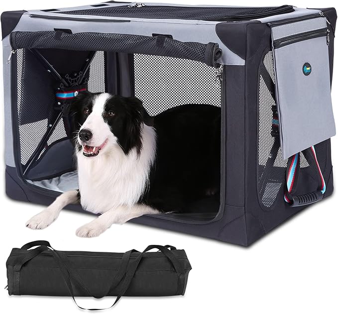Ownpets Collapsible Dog Crate 32 Inch Portable Travel Dog Soft Crate with Detachable Storage Bag and Double-Sided Mat, 3-Door Dog Kennel for Indoor and Outdoor