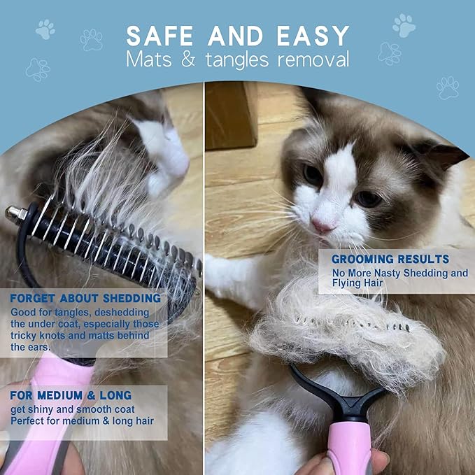 GOESWELL Double-Sided Undercoat Rake for Pet Grooming - Shedding and Dematting Comb with Grooming Glove (Blue 2 Pack)