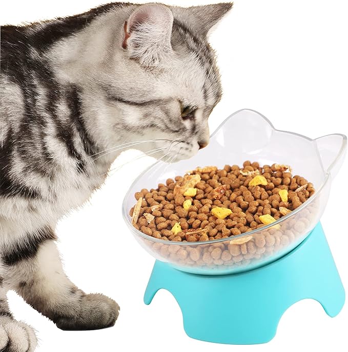 MILIFUN Raised Cat Food Bowls with Stand, Dishes for Food or Water, Tilted Bowl, Pet Dish with Stand (Arcuation-Bule)