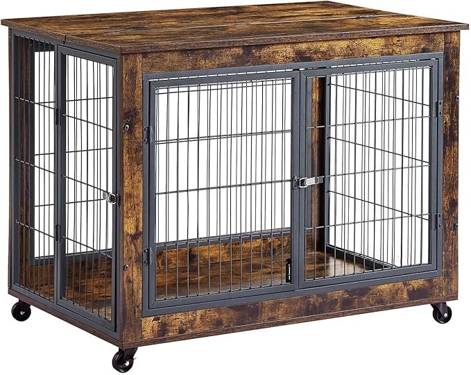 Dog Crate Furniture Dog Kennel for Home Indoor Use Furniture Dog Crate with Double Doors for Medium Large Dog 38.58" W x 25.2" D x 27.17" H Rustic Brown