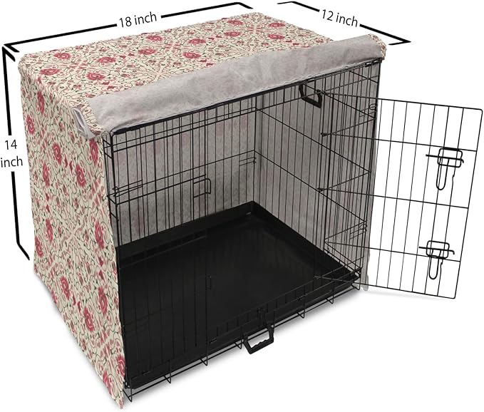 Lunarable Traditional Dog Crate Cover, Lotus Motif with Petals Swirled Stalks and Leaves, Easy to Use Pet Kennel Cover for Small Dogs Puppies Kittens, 18 Inch, Champagne Dried Rose