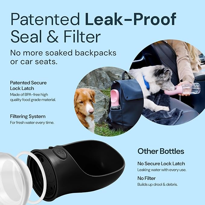 MalsiPree Leak Proof Portable Dog Water Bottle - 12 oz, Lightweight, Black Travel Pet Water Bottle with Bowl - Food Grade Plastic - Dog Walking Accessories - Doggy Trail Sip