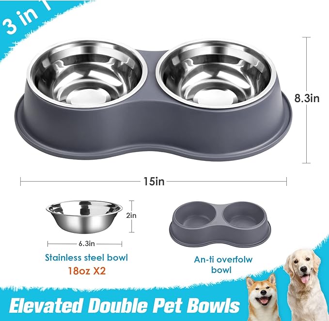 Dog Bowl Double Dog Water and Food Bowl Stainless Steel Bowls with Non-Slip Resin Station, Pet Feeder Bowls for Puppy Medium Dogs Cats