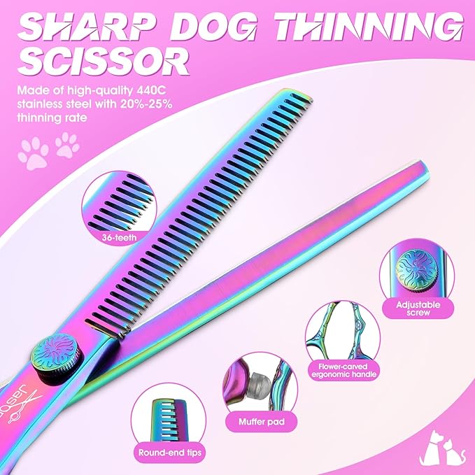 JASON Dog Grooming Scissors Kit, Professional 6 in 1 Dog Scissors Set - 6.5" Thinning, 7" Straight, 7" Up-Curved, 7" Down-curved Shears and Comb for Dog Cat Pet (Rainbow)