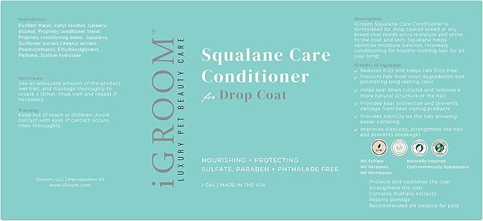 iGroom Squalane Care Dog Conditioner for Drop Coats, Luxury Pet Beauty Care, Optimize Moisture Balance, Intense Conditioning, Gallon