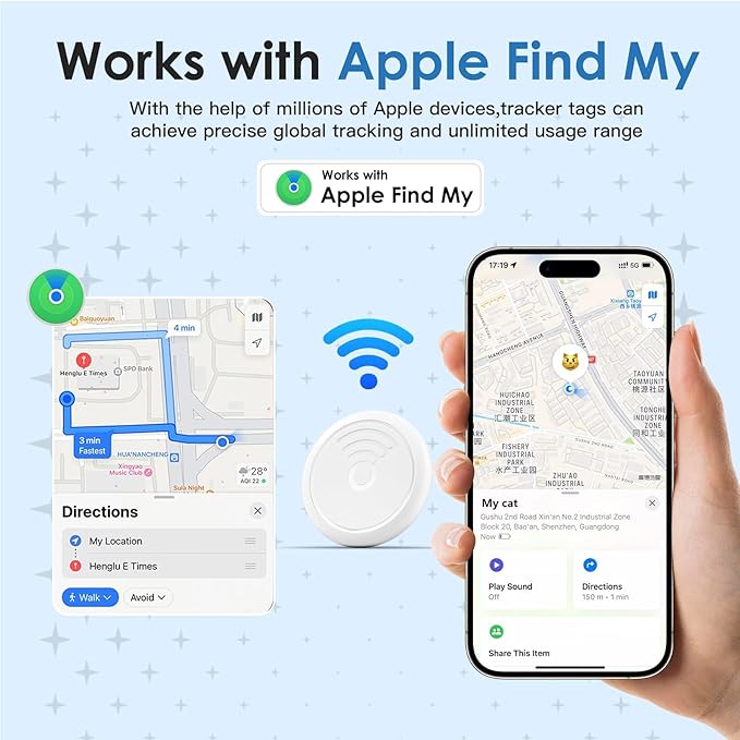 Cat Tracker,Waterproof Pet Tracker for All Cats(Only iOS),Cat Tracker Collar with Safety Elastic Buckle,No Monthly Fee,Compatible with Apple Find My App-(Black)