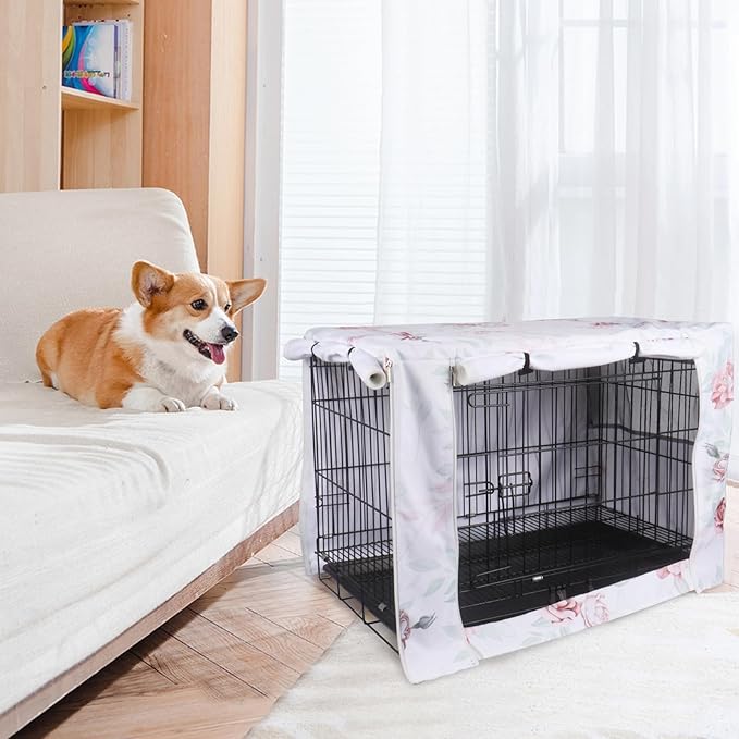 Pethiy Dog Crate Cover Durable Polyester Pet Kennel Cover Universal Fit for Wire Dog Crate - Fits Most 24 inch Dog Crates - Cover only -Flower-24