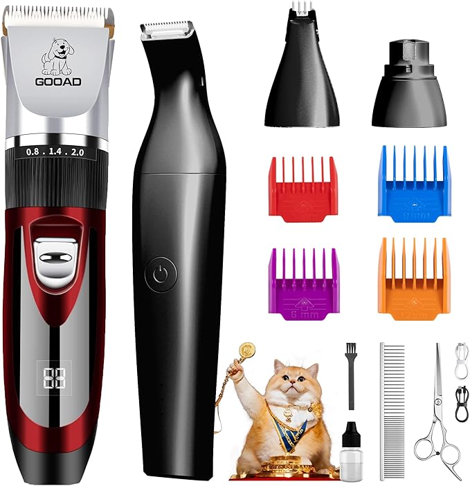 Goood Cat Clippers for Matted Hair - Professional Grooming Kit with Quiet Paw Trimmer & Nail Grinder - Suitable for Cats & Small Dogs (Red+Black)