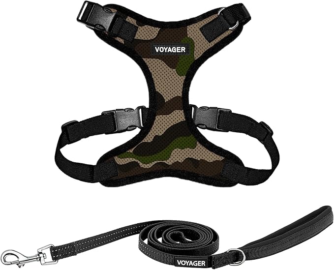 Voyager Step-in Lock Dog Harness w Reflective Dog Leash Combo Set with Neoprene Handle 5ft - Supports Small, Medium and Large Breed Puppies/Cats by Best Pet Supplies - Army/Black Trim, L
