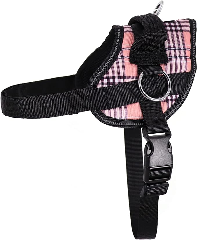 Bark Appeal Pink Plaid No-Pull Dog Harness for Extra Small Sized Pets – Adjustable, Reflective Vest with 3 Leash Clips for Added Control, Easy Walks & Training – XS