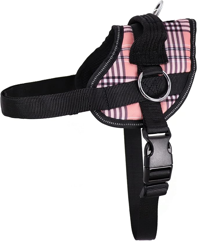 Bark Appeal Pink Plaid No-Pull Dog Harness for Extra Small to Small Sized Pets – Adjustable, Reflective Vest with 3 Leash Clips for Added Control, Easy Walks & Training – Small