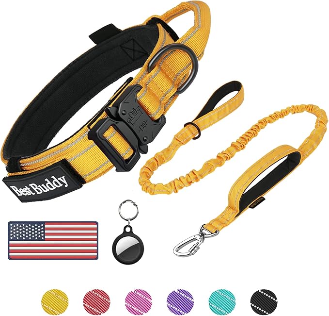 AUBELL Tactical Dog Collar and Leash Set, Adjustable Military Nylon Reflective Dog Leash and Collar with Handle and Heavy Metal Buckle for Medium Large Dogs, with Airtag Case and 2 Patches(Yellow, L)