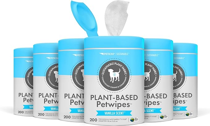 Petkin Plant-Based PetWipes, 200 Wipes, 6 Count - Biobased, Sustainable, Big & Thick Pet Wipes for Dogs & Cats - for Face, Paws, Ears, Body & Eye Area - Consciously Cleans & Conditions - Vanilla