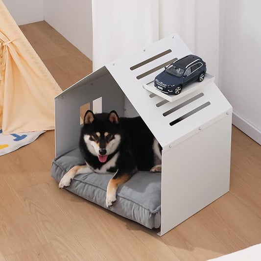 Modern Metal Dog House with Plush Cushion – Open Design Dog Bed, Cozy Pet Cave for Dogs & Cats, Stylish Indoor Pet Furniture