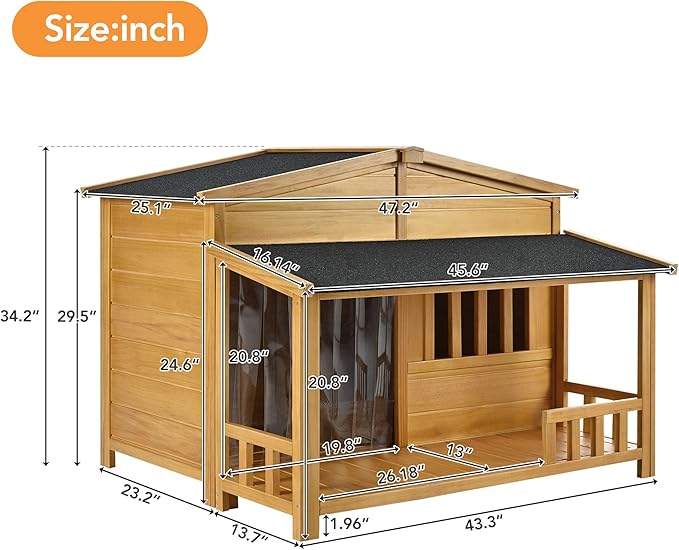 Merax 47.2" Outdoor & Indoor Wooden Dog House, Pet Kennel with Porch, Solid Wood, Weatherproof, Medium, Nature