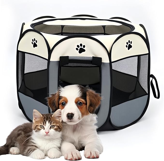 Dog Play Pen Portable Cat House Easy Assemble Pet Indoor/Outdoor Security Cage Brown-M