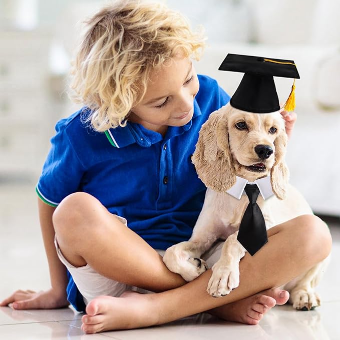 FOIMAS Dog Graduation Hats,Pet Graduation Caps Adjustable with Yellow Tassel and Necktie Collar for Dog Cat Graduation Hats Costume Accessory