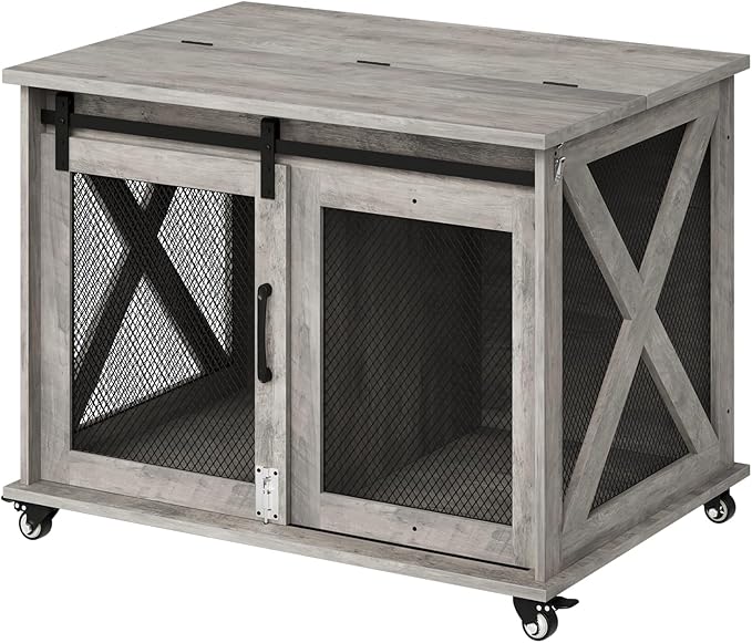 Dog Crate Furniture with Sliding Barn Door,Flip Top Furniture Style Dog Crate End Table with Wheels,Indoor Dog Kennel Furniture with Removable Divider,Dog House,Grey