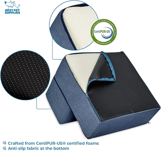 Best Pet Supplies Portable Foldable Foam Pet Stairs/Steps for Couch, Sofa, and High Bed, Non-Slip Bottom Balanced Paw Safe - Navy Blue, Foldable 2-Step (H: 12")