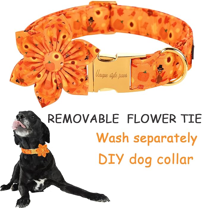 Unique style paws Halloween& Dog Collar with Flower Tie Pumpkin Cotton Collar Adjustable Puppy Collar Best Thanksgiving Gift for Small Medium Large Dogs-Turkey & Pumpkin Theme-XS