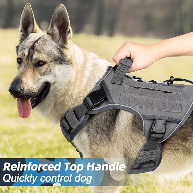WINGOIN Grey Harness with Handle, Metal Buckles Tactical Dog Harness Vest for Large Medium Dogs No Pull Adjustable Reflective K9 Military Dog Vest Harnesses for Walking, Hiking, Training(M)