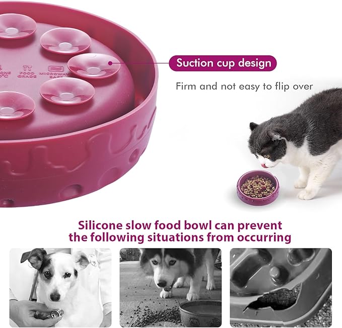 Silicone Slow Feeder Dog Bowls & Cat Bowls, 2 Cups Small Pet Food Bowl with Non-Slip Suction Base, Food-Grade Safe Puzzle Feeder for Small & Medium Dogs & Indoor Cats - Dishwasher & Microwave Safe