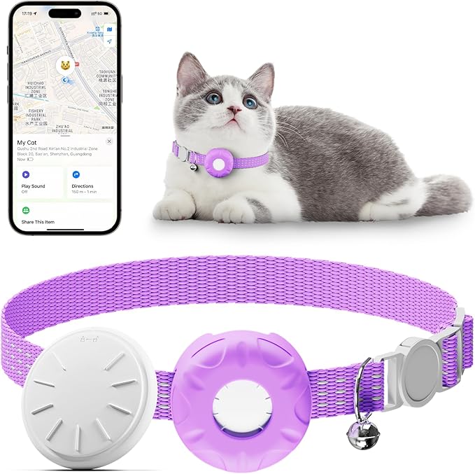 Cat Tracker, Waterproof Pet Tracker for Cats, Cat Tracker Collar with Safety Elastic Buckle, Works with Any Collar,Compatible with Apple Find My App (Only iOS) not for Android, No Monthly Fee, Purple