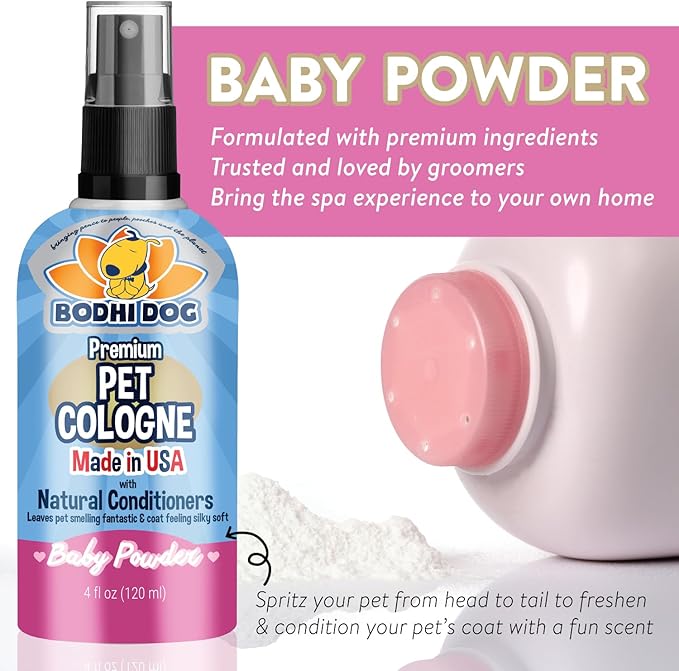 Bodhi Dog Natural Dog Cologne (Baby Powder) - Premium Scented Deodorizing Pet Perfume with Conditioner for Dogs & Cats - Keeps Pets Fresh & Clean - Gentle and Safe Formula, Made in USA (4 Fl Oz)