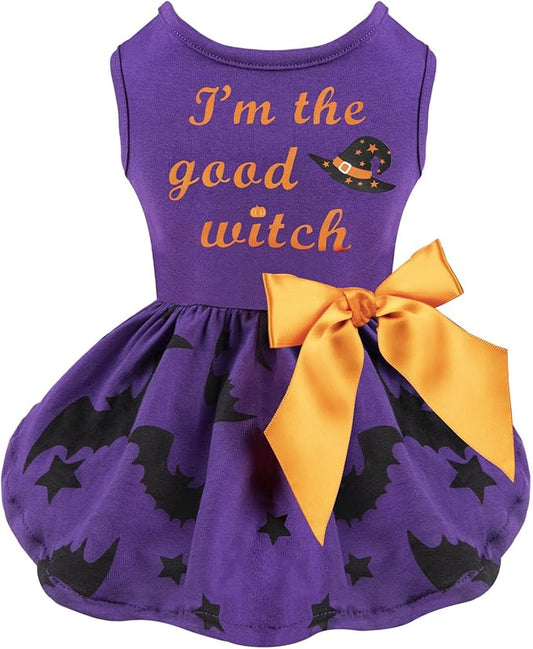 Funny Puppy Dress with Bow - Small & Large Dog Halloween Costume: Pumpkin Witch Bat Pet Dress, I'm The Good Witch (X-Small)