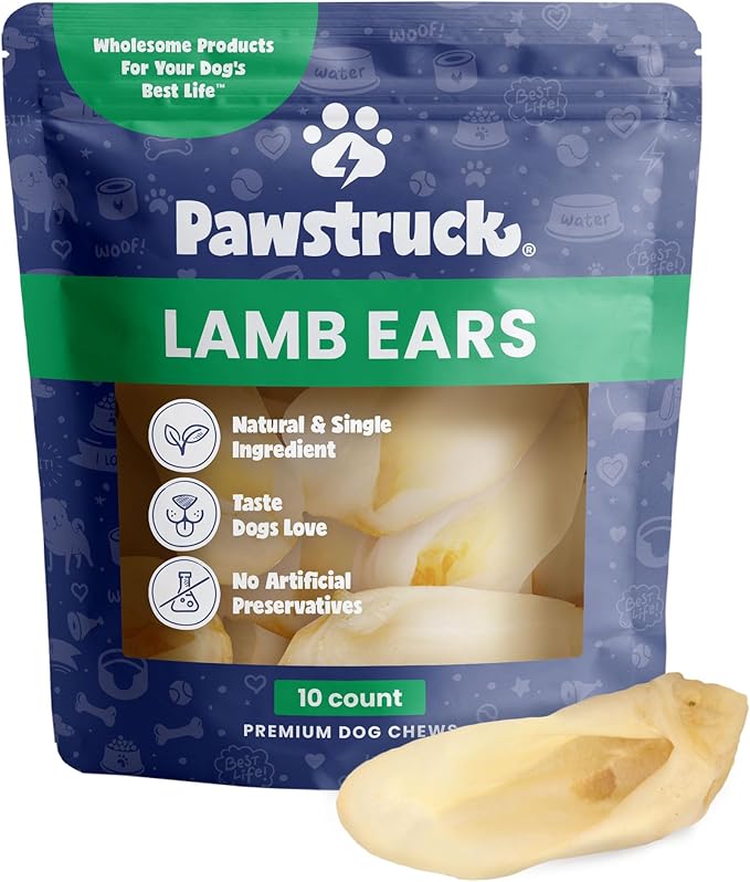 Pawstruck Natural Lamb Ears Chew Treats for Small & Medium Dogs - Healthy Low Fat, No Artificial Preservatives, Single Ingredient, Highly Digestible Animal Ear - 10 Count - Packaging May Vary