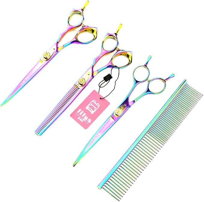 LILYS PET HIGH-END SERIES Japan 440C Pet Grooming Scissors Set,Rainbow Color,Cutting&Thinning&Two-way Curved shears Set (7.0")