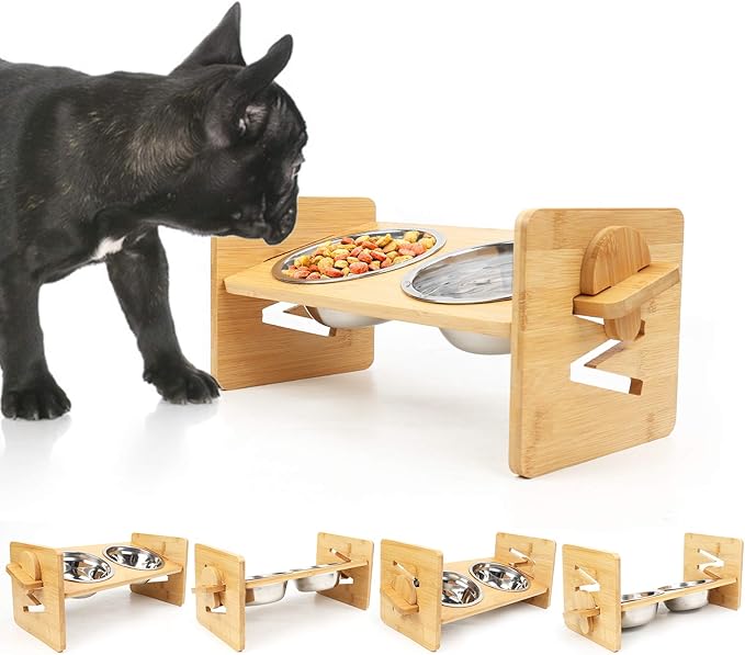 Raised Dog Bowl, Elevated Dog Bowls, Tilted Pet Food Water Bowl, Slanted Bamboo Feeding Station with Stainless Steel Bowls for Small & Medium Dogs, Cat Kitten Flat Faced French Bulldog Puppy Feeder