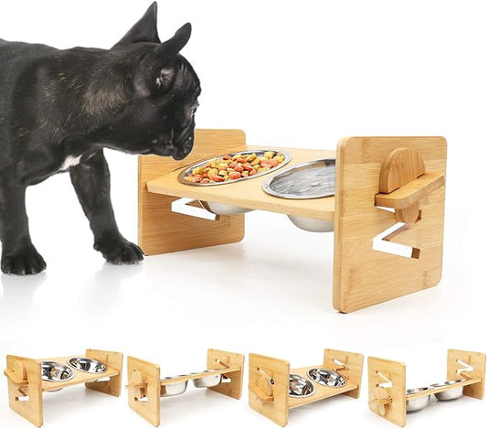 Raised Dog Bowl, Elevated Dog Bowls, Tilted Pet Food Water Bowl, Slanted Bamboo Feeding Station with Stainless Steel Bowls for Small & Medium Dogs, Cat Kitten Flat Faced French Bulldog Puppy Feeder