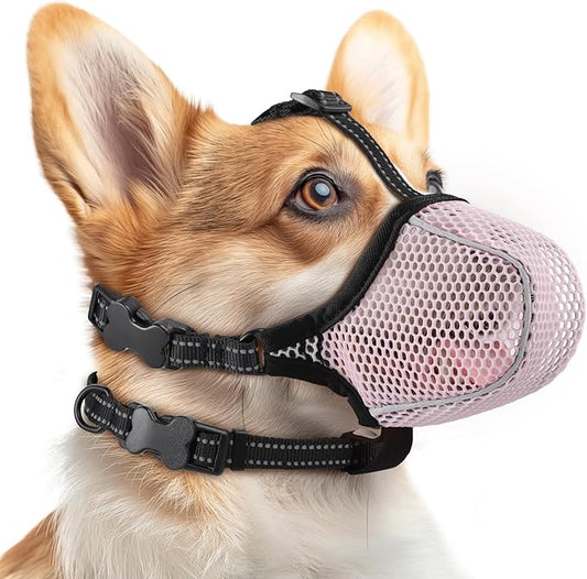 Dog Muzzle,Mesh Soft Muzzle for Small Medium Large Sized Dogs, Breathable Reflective Adjustable Puppy Muzzles with Collar for Scavenging Grooming Biting Chewing,Allows Panting and Drinking(Pink L)