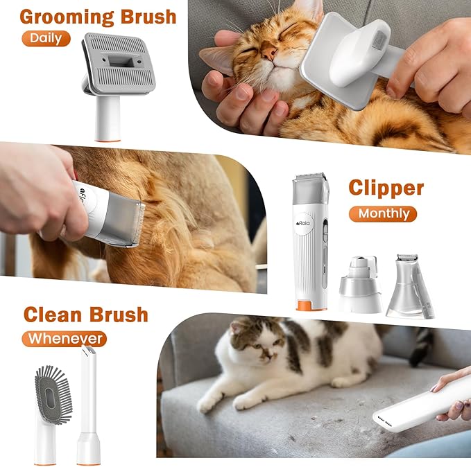Afloia Dog Grooming Kit, Pet Grooming Vacuum & Dog Clippers Nail Trimmer Grinder & Dogs Brush for Shedding with 6 Pets Grooming Tools, Low Noise Dogs Hair Remover Pets Supplies (White)