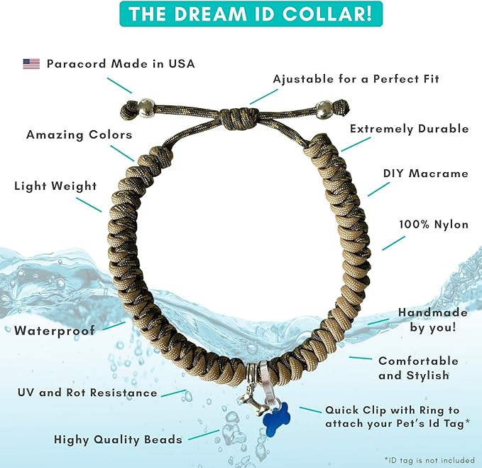 CORDA Crafts - Paracord Kit - Complete Accessories for Making Necklace Dog and Owner Matching Bracelet - Easy Video Tutorial - Waterproof Pet ID Tag Clip Included - Medium Dog, Army