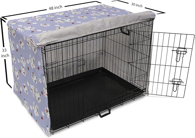 Ambesonne Floral Dog Crate Cover, Japanese Flowers Sakura Blossoms and Ladybugs on Soft Toned Background, Easy to Use Pet Kennel Cover for Medium Large Dogs, 48 Inch, Pale Ceil Blue White