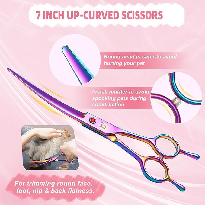 Dog Grooming Scissors,Rainbow Curved Chunkers Shears with Safety Round Tips,Sharp and Durable 6 in 1 Dog Scissors for Grooming