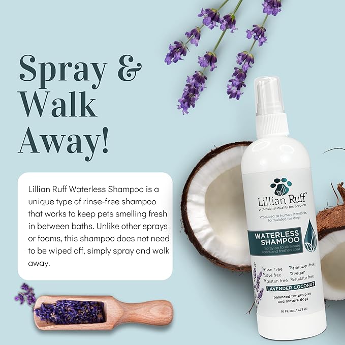 Lillian Ruff Waterless No-Rinse Dog Dry Shampoo Spray with Hydrating Essential Oils - pH-Balanced Dry Shampoo for Dogs - Clean, Condition, Detangle & Deodorize Dry, Sensitive Skin (16oz/Brush)