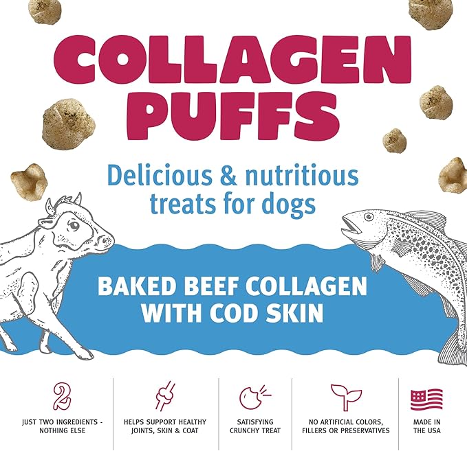 Icelandic+ Collagen Puffs: Baked Beef Collagen with Cod Skin 2.5oz - Treats for Med-Lg Dogs, Crunchy Protein Bites