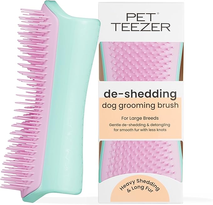 Pet Teezer by Tangle Teezer De-Shedding Dog Grooming Brush, Dry Brush or Dog Bath Brush for Wet or Dry Fur, Mint & Pink