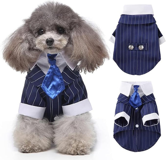 DENTRUN Navy Blue Dog Tuxedo - Formal Pinstripe Pet Suit Shirt with Satin Tie, Elegant Wedding Outfit Birthday Party Attire for Maltese Dachshund Corgi Beagle Medium Large Dogs (Polyester), L