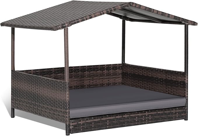 Giantex Wicker Dog House, Raised Rattan Dog Bed with Waterproof Roof, Washable Cushion Cover, Steel Frame, Indoor Outdoor Elevated Dog Bed Pet House for Small Medium Dogs Cats, Easy Assembly