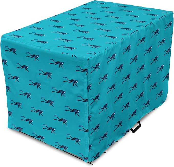 Lunarable Scuba Dog Crate Cover, Repeating Diving Man Nautical Pattern, Easy to Use Pet Kennel Cover for Medium Large Dogs, 48 Inch, Sea Blue Night Blue