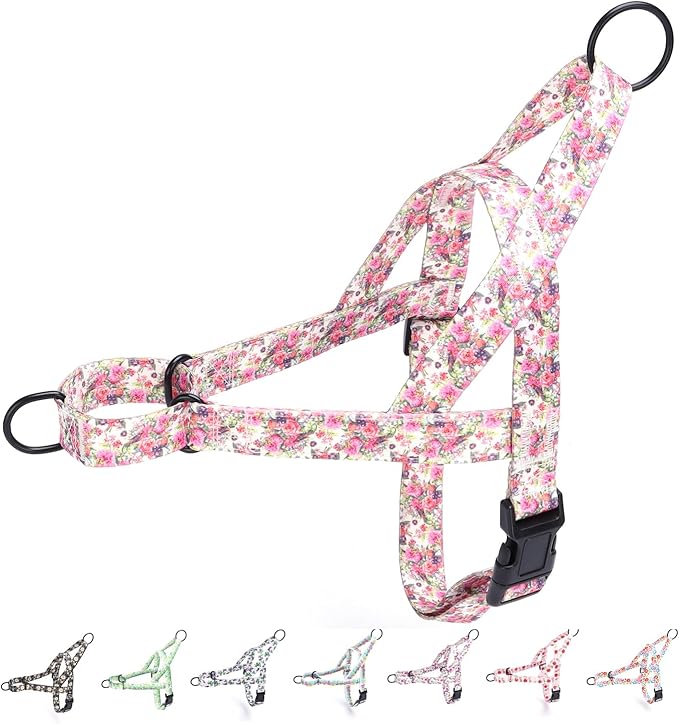 No Pull Dog Harness for Small, Medium, and Large Pets - Floral Pattern Nylon Safety Training Dog Harness (M, Peony)
