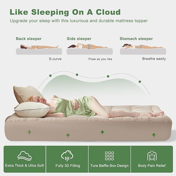 BEDLORE California King Mattress Topper Viscose Derived from Bamboo, Thick Pillow Top Mattress Pad with Stretchable Pockets for 6"-18" Mattress, Soft Mattress Topper for Back Pain Relief(Beige)