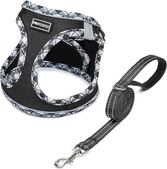 Mercano Soft Mesh Dog Harness and Leash Set, No-Chock Step-in Reflective Breathable Lightweight Easy Walk Escape Proof Vest Harnesses with Safety Buckle for Small Medium Dogs, Cats (Black White, XXS)