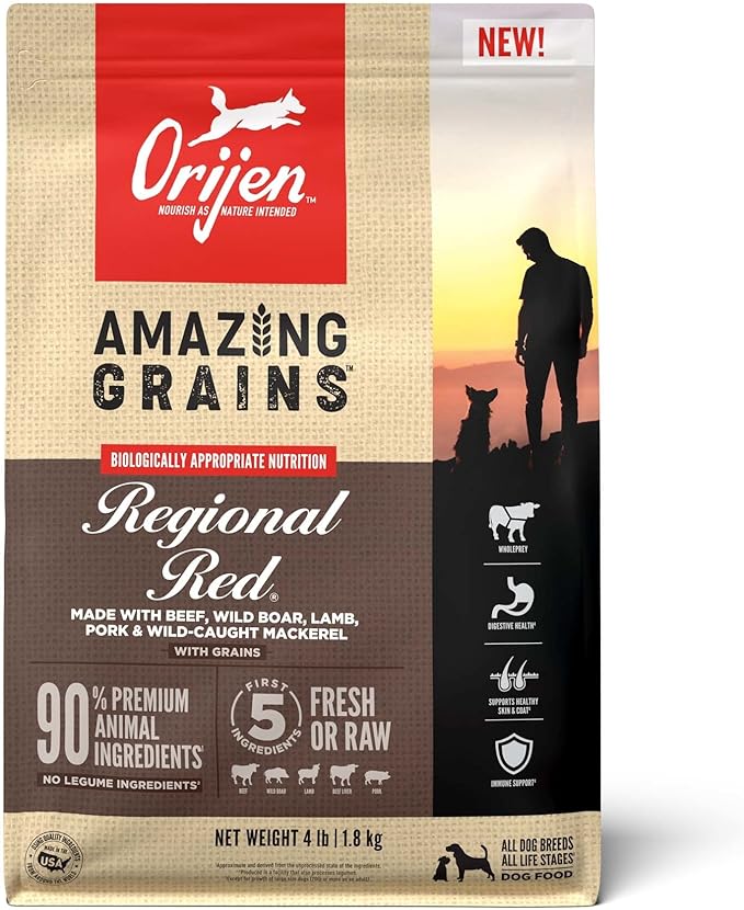 ORIJEN Amazing Grains Regional RED Dry Dog Food, High Protein Dog Food for All Life Stages, Fresh or Raw Ingredients, 4lb